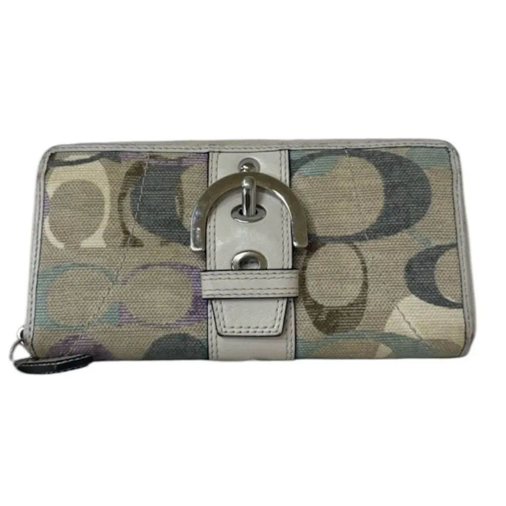 Coach Tan Multicolor Soho Optic Credit Card Zip Around Buckle Wallet